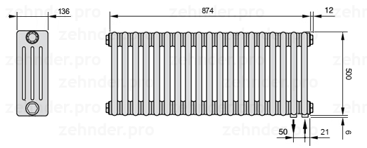 Схема (чертеж) Радиатор Zehnder Charleston 4050/19 №5510 Белый глянцевый RAL 9016